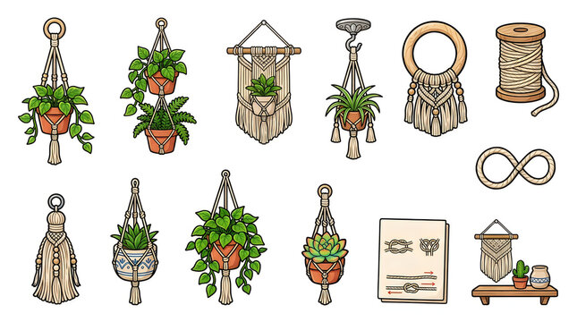Set of hand drawn macrame plant hangers and boho home wall decor elements