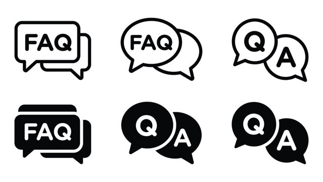 FAQ and Question Answer Chat Icon Set Featuring Outline and Solid Speech Bubble Symbols for Customer Support Help Center Knowledge Base Online Service Communication and Information Concepts