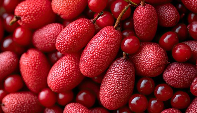 Close-up Macro Shot of Ripe Red Arbutus Berries and Cherries.