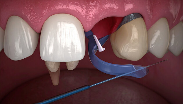 Close-up 3D medical illustration of a dental procedure showing tooth extraction and gum treatment in the oral cavity