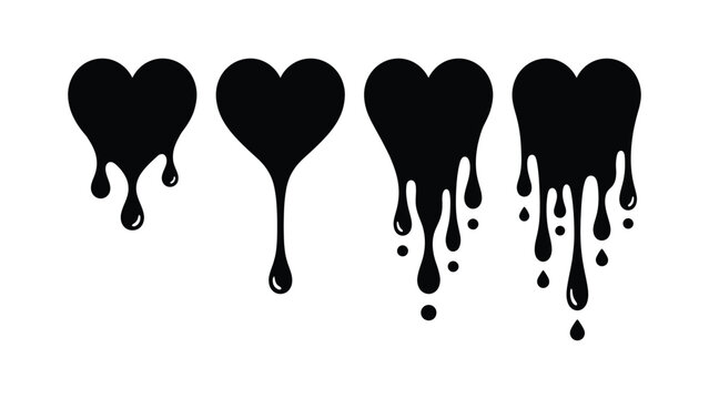 Dripping Heart Silhouette Icon Set Featuring Black Melting Love Shapes with Paint Ink Liquid Drip Effect for Valentine Romance Gothic Tattoo Sticker Logo and Creative Graphic Design