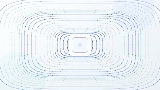 Seamless loop animation of abstract blue and green particles forming lines and shapes on a clean white background, creating a mesmerizing pattern representing data flow and digital innovation