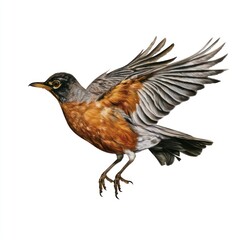 Fototapeta premium Illustration of a flying robin on white background.
