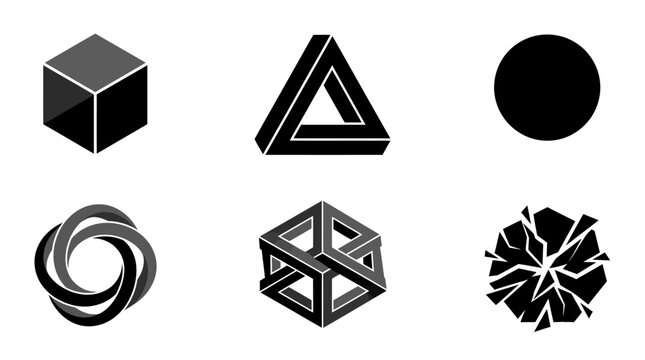 Collection of geometric and impossible shapes on a white background.
