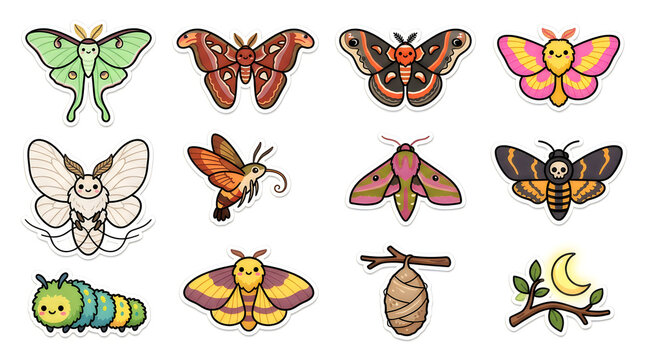 Set of cute colorful moth and butterfly illustrations with life cycle elements