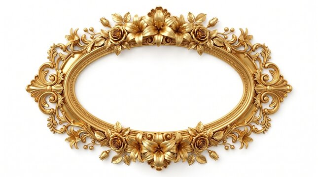 Luxury 3D render of an ornate gold floral frame featuring elegant blooming flowers, decorative leaves