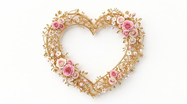 Luxury 3D render of an ornate gold floral frame featuring elegant blooming flowers, decorative leaves