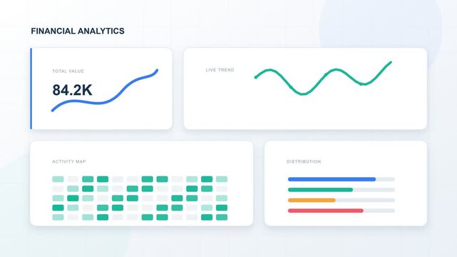 Modern digital interface displaying financial analytics with animated graphs and charts showing total value. Live trends. Activity map. And data distribution