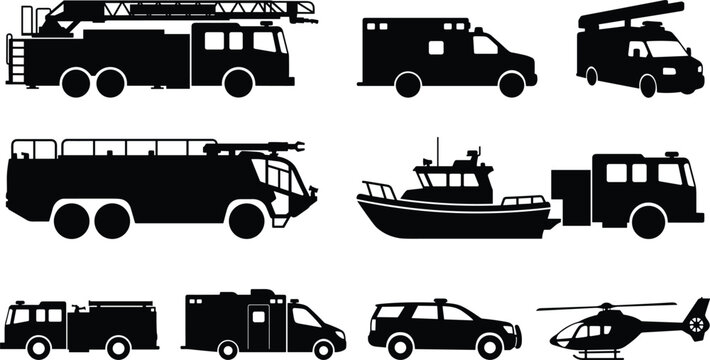 Emergency Vehicles Icon Set Featuring Fire Truck, Ambulance, Rescue Boat, Command Vehicle, and Helicopter Vector
