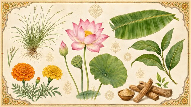 Ganesh Chaturthi Botanical Illustration Lotus Marigold Durva Grass Banner Template