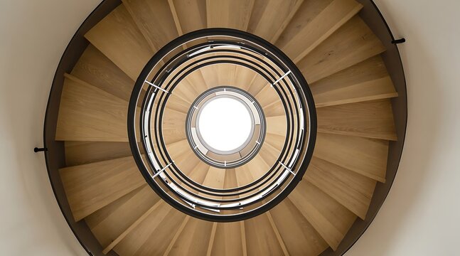 Looking up a circular wooden staircase with a bright light at the top.