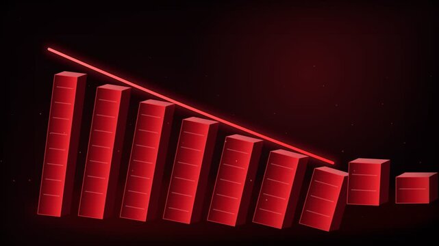 Red chart bars falling like dominoes symbolizing a downward trend in business. Stock market crash data animation showing financial crisis, economic decline, recession, and investment failure