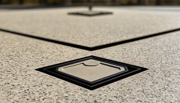 Close-up of a modern terrazzo floor with geometric inlay patterns.