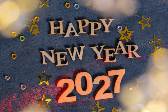 Happy New Year 2027 with decorations and festive items on display