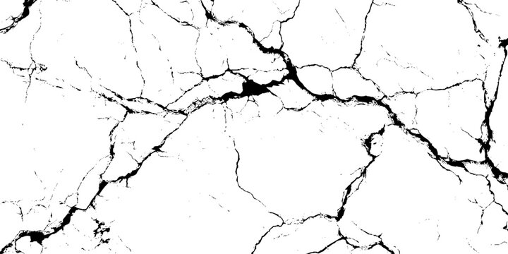 Black and white cracked wall texture background with distressed marble fissure line overlay for vector design