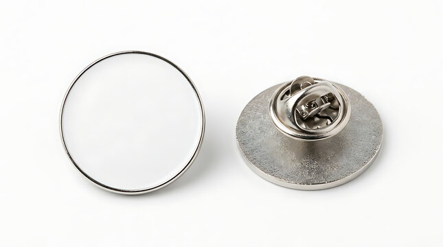 Two blank round metal lapel pins with white enamel