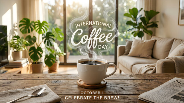 International coffee day celebration with a steaming cup of hot coffee in a cozy living room