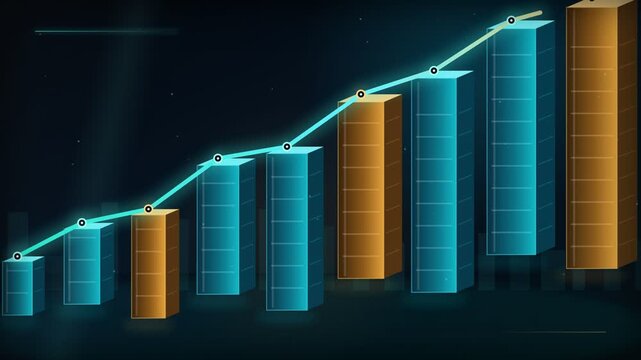 Futuristic animated 3d business chart with growing bars visualizing financial success and data analysis, representing corporate profit, investment return, market growth, and statistical progress