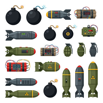 Collection of various explosive devices and military bombs