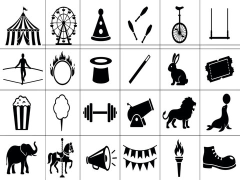Comprehensive circus carnival and amusement park black and white flat silhouette icon set for entertainment design