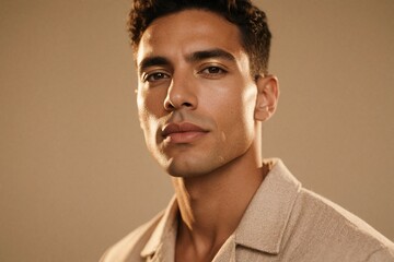 Obraz premium Charismatic Latin Man Portrait with Warm Amber Lighting and Beige Studio Background