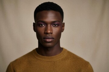 Obraz premium Regal Nigerian Male Model Portrait with Plum Eyeshadow and Mustard Cashmere Sweater