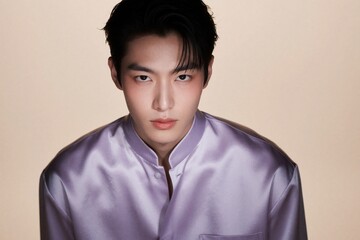 Fototapeta premium Korean Male Model Glass Skin Beauty Portrait in Lavender Silk Shirt