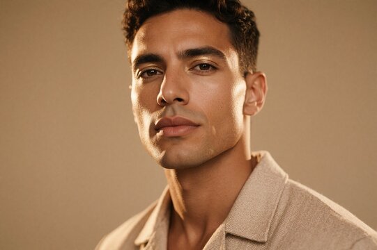 Charismatic Latin Man Portrait with Warm Amber Lighting and Beige Studio Background