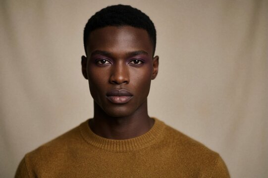 Regal Nigerian Male Model Portrait with Plum Eyeshadow and Mustard Cashmere Sweater