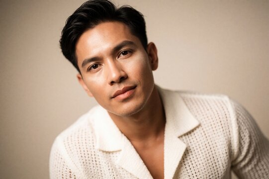 Charismatic Filipino Male Model Portrait with Luxury Makeup and Warm Studio Lighting