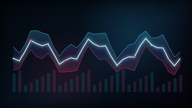 Dynamic and futuristic animation showing a glowing digital line chart with graphs and bars fluctuating, representing financial data, stock market trends, trading analysis, and economic growth