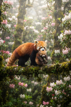 Red panda mother carrying her cub in a beautiful blooming rhododendron forest