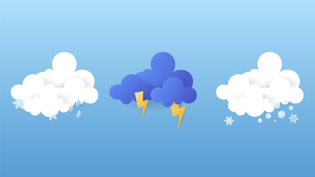 Weather Icons Set with Rain, Thunderstorm and Snow in Paper Cut Style
