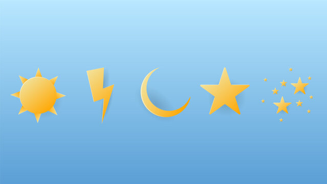 Celestial and Weather Icons Set with Sun, Lightning, Crescent Moon and Stars in Paper Cut Style