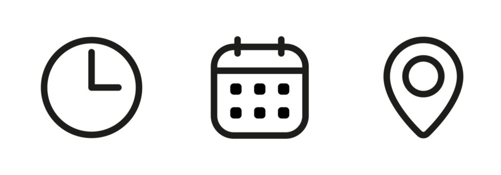 Time date and address icon set, reminder calendar, clock, stopwatch timer, location pin signs, business schedule signs, event planning details