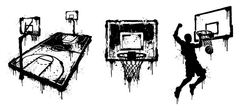 Basketball court and dunking player silhouettes in black ink grunge style