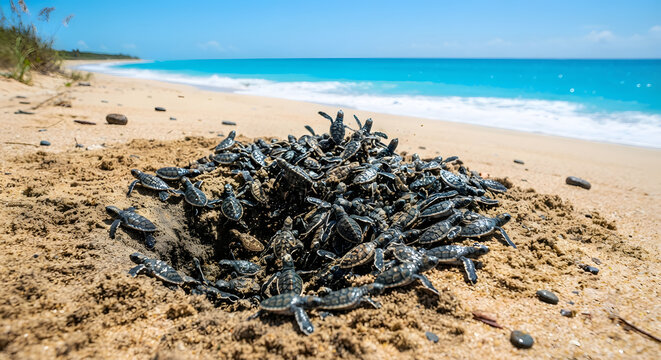 Group of baby sea turtles hatching and crawling on a sandy beach