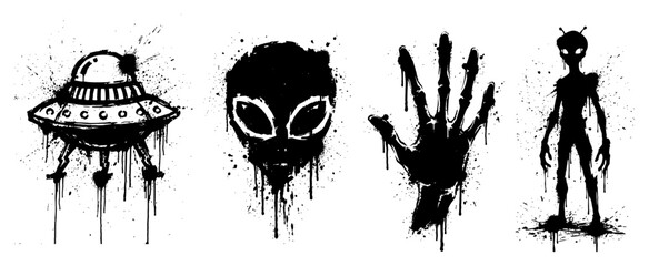 UFO and alien icon set featuring head and hand in grunge dripping paint style © Wuszu