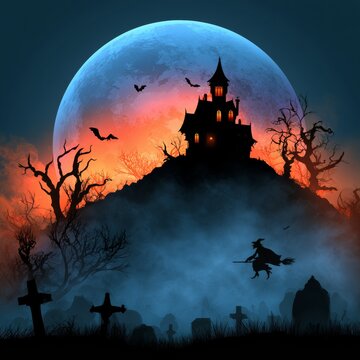 Haunted castle silhouette beneath a giant moon with flying bats, spooky fantasy, eerie landscape, Halloween celebration.