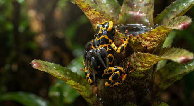 A poison dart frog carrying tadpoles on its back inside a bromeliad plant