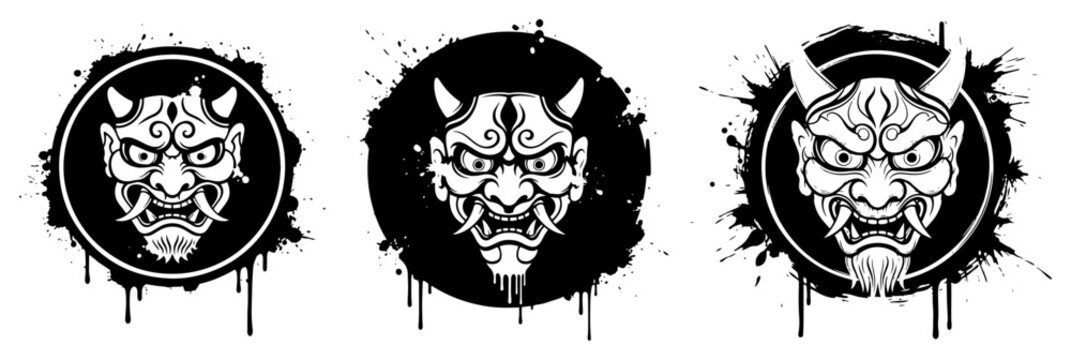 Hannya mask set featuring traditional Japanese demon faces in grunge ink style