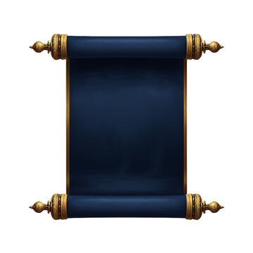 Ancient scroll with gold accents and dark blue fabric isolated on transparent background