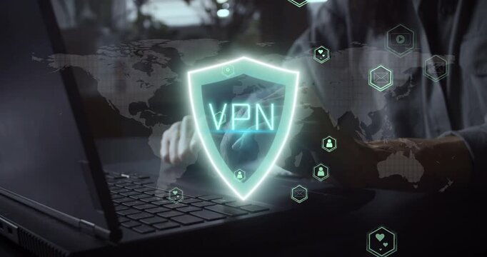 Person using laptop with VPN shield and global network interface for encrypted internet access, online privacy, and access to restricted social media