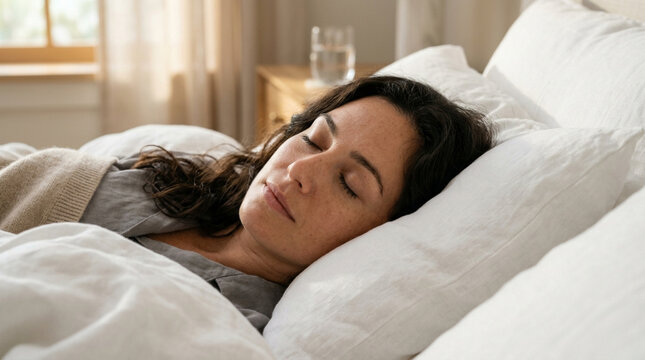 Woman sleeping peacefully in bed with natural light.