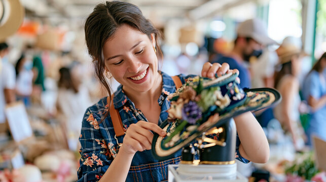 Hat maker adjusts an elaborate brimmed millinery creation on a display stand inside a crowded urban market, solitary craftsman focused amid passing shoppers, handmade fashion, artisan headwear, cout