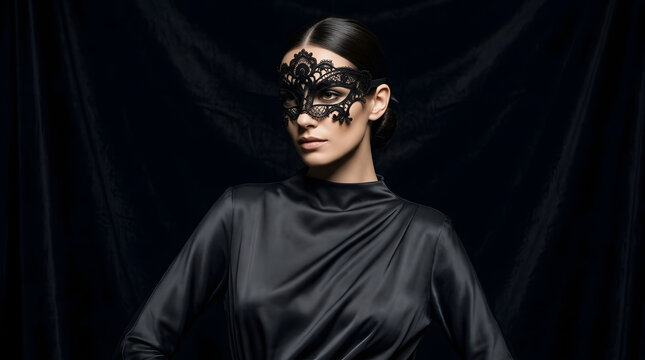 Elegant woman in black silk dress wearing ornate lace masquerade mask against dark velvet backdrop, fashion portrait with mysterious aesthetic