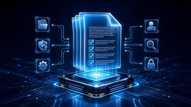 Smart contract digital verification concept featuring glowing electronic document with compliance security icons