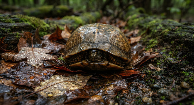 A box turtle hiding inside its shell on a wet forest floor with autumn leaves