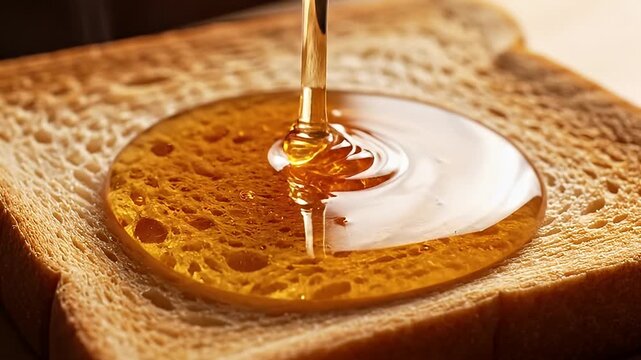Golden honey pouring onto a toasted slice of white bread