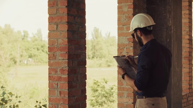 Engineer Inspecting Construction Site Building. Architecture Project Manager. Development Brick Wall Structure Inspector